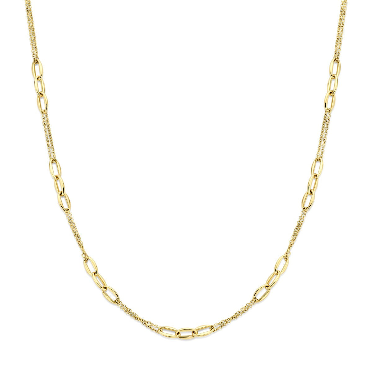 Geelgouden schakelketting met ankerlinks, glanzende afwerking en een verfijnde uitstraling.