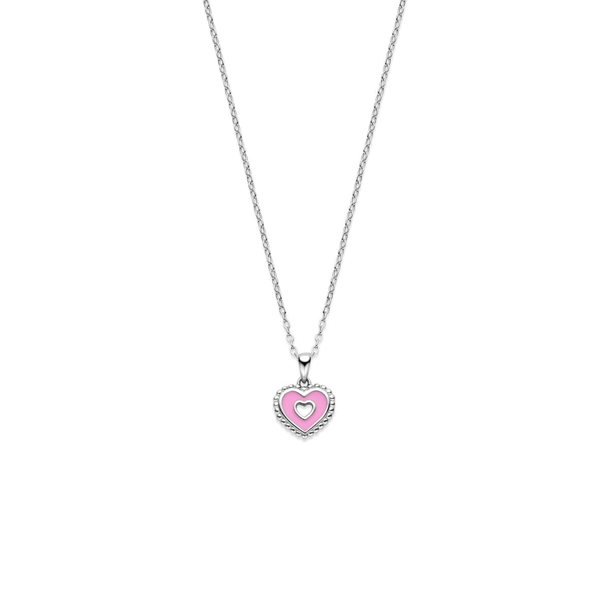 Collar de plata con colgante en forma de corazón rosa y detalles brillantes, longitud ajustable de 36 + 3 cm.
