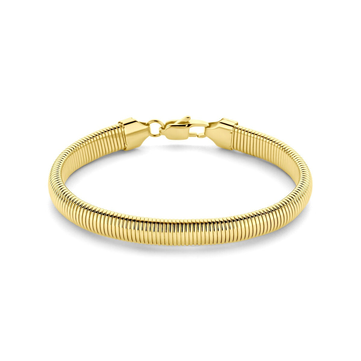 Pulsera de acero color dorado con eslabones de 8 mm y cierre de langosta.