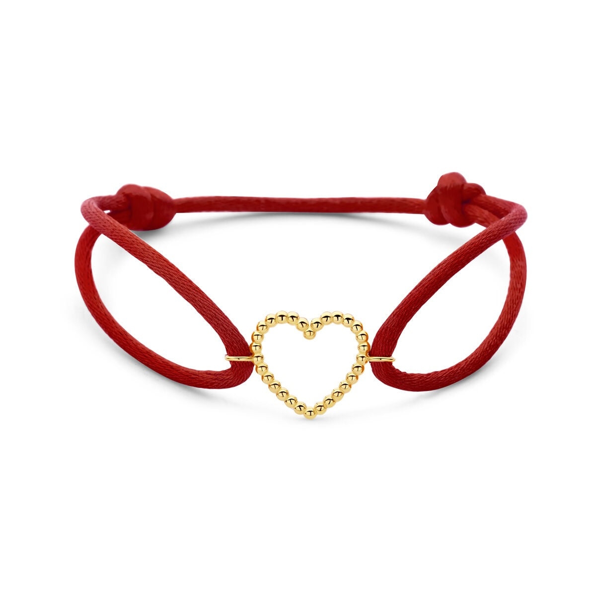 Pulsera de satén rojo con un corazón de 14k dorado en el centro.