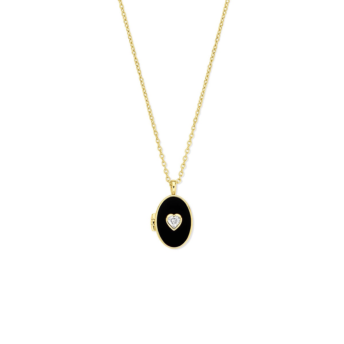 Collar de plata dorada con medallón de ónice y corazón de circonita.