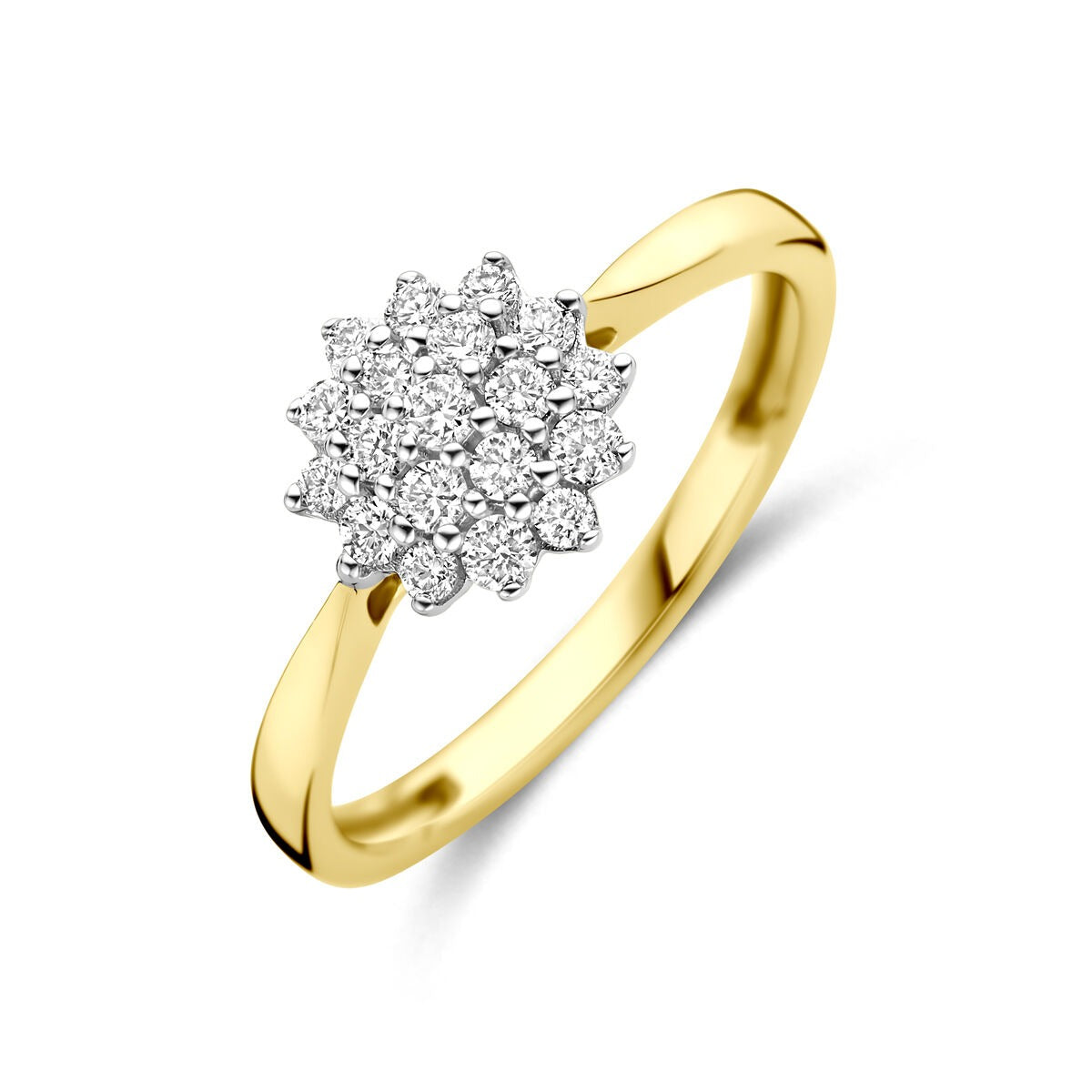 Anillo bicolor de oro amarillo y blanco con diamante lab-grown de 0.33ct en forma de flor.