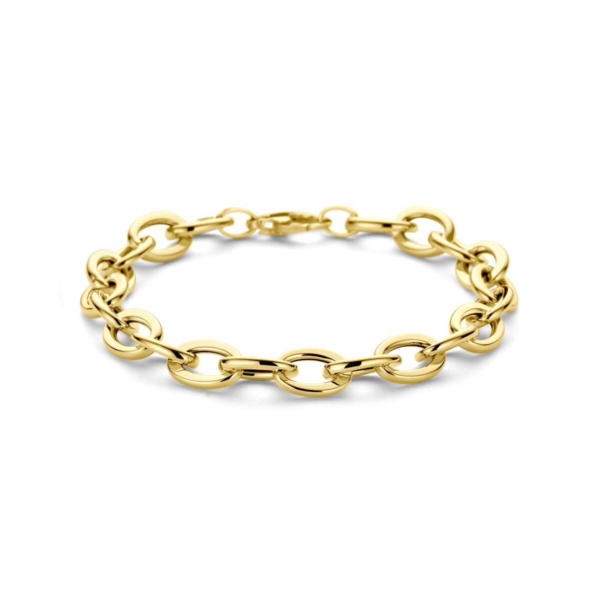 Pulsera de dama de oro amarillo de 14k con eslabones de 8,5 mm y longitud de 19 cm.