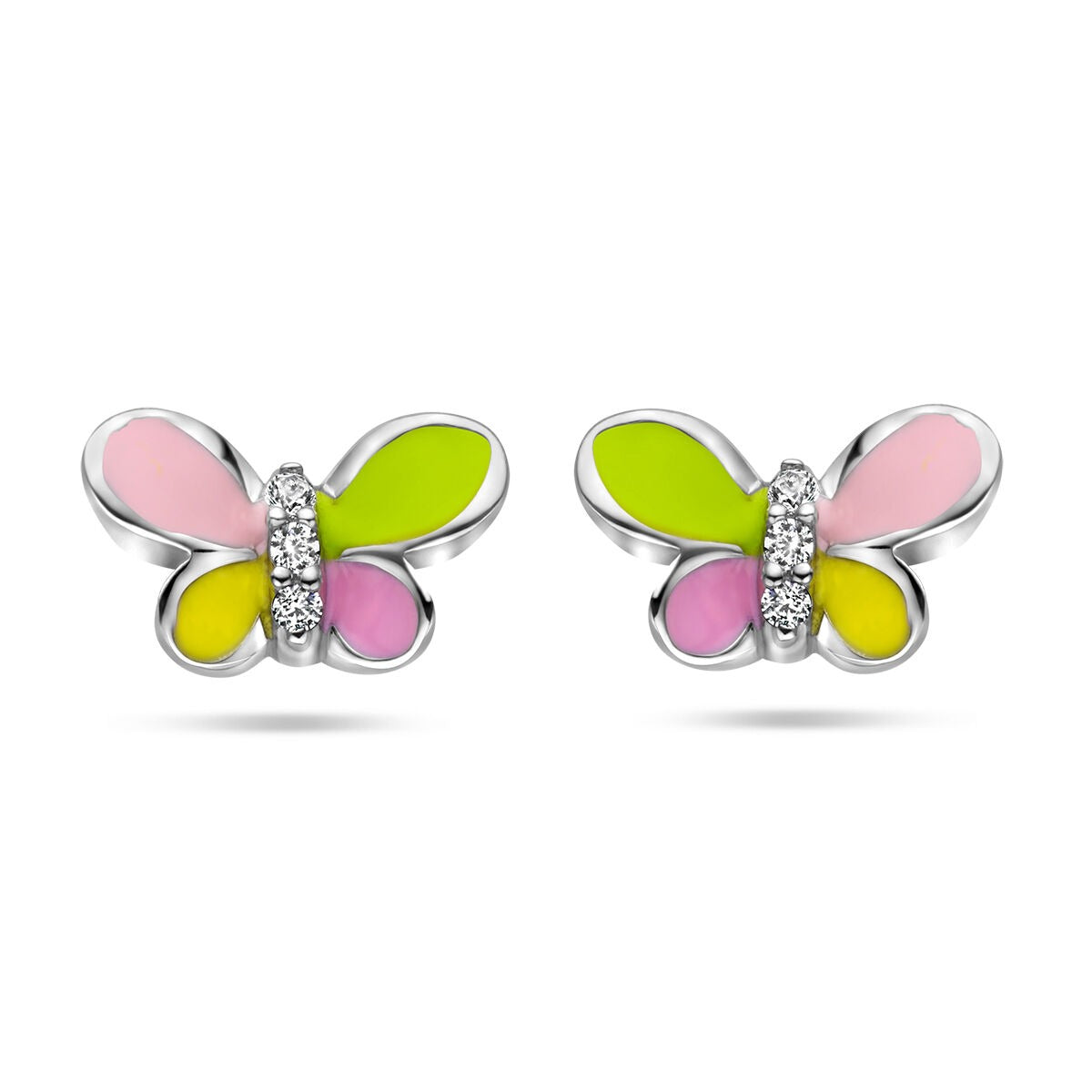 Pendientes de mariposa de plata con zircón, en tonos verde, rosa y amarillo.