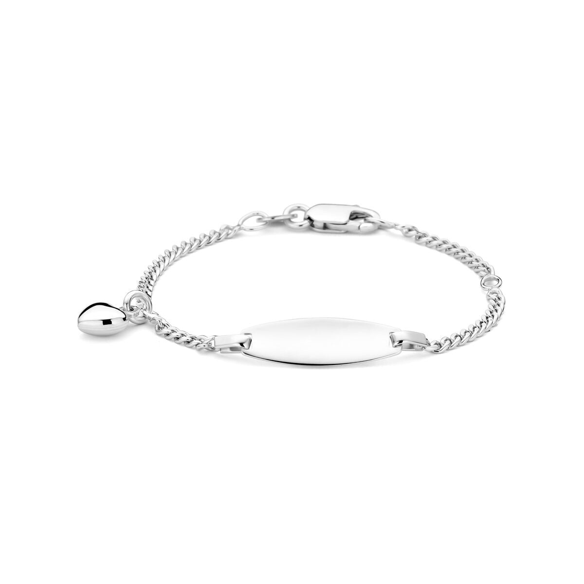 Pulsera de plata con placa para grabar y charm en forma de corazón, tamaño infantil.