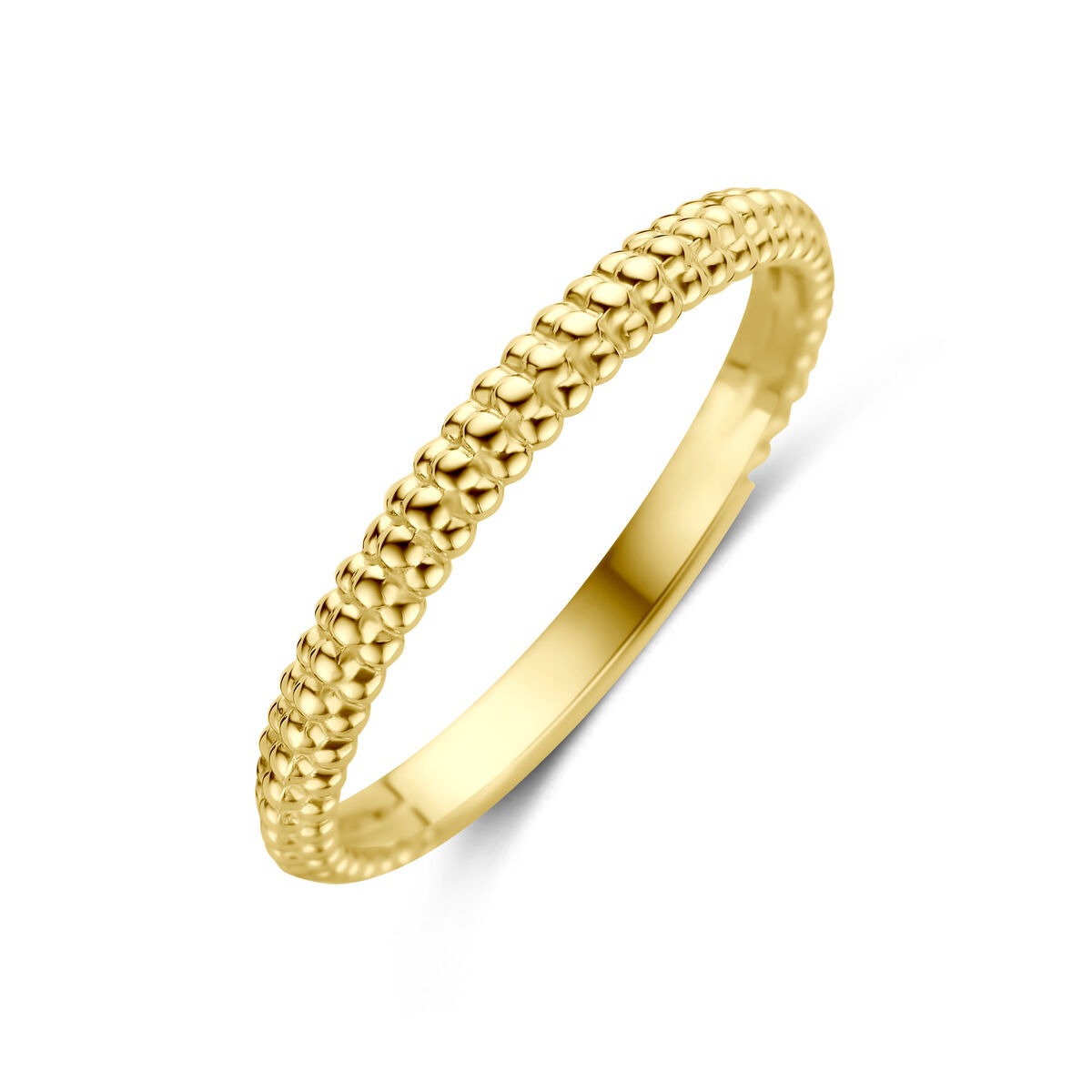 Anillo de oro amarillo de 14 quilates con textura decorativa en la banda.