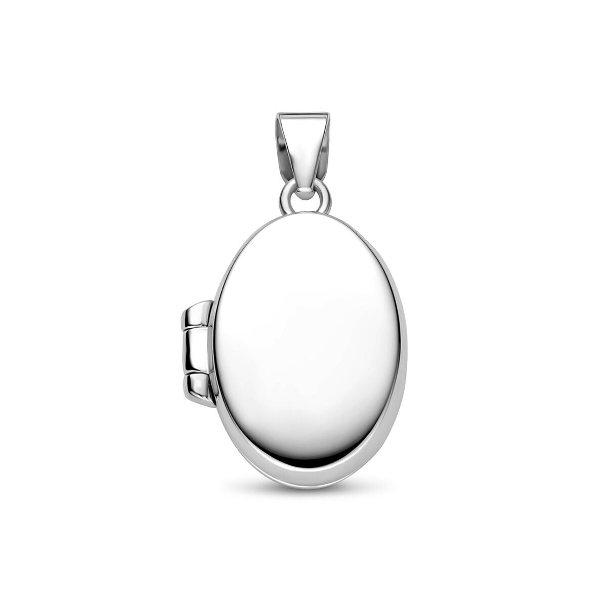 Colgante ovalado de plata rodiada con cierre lateral.