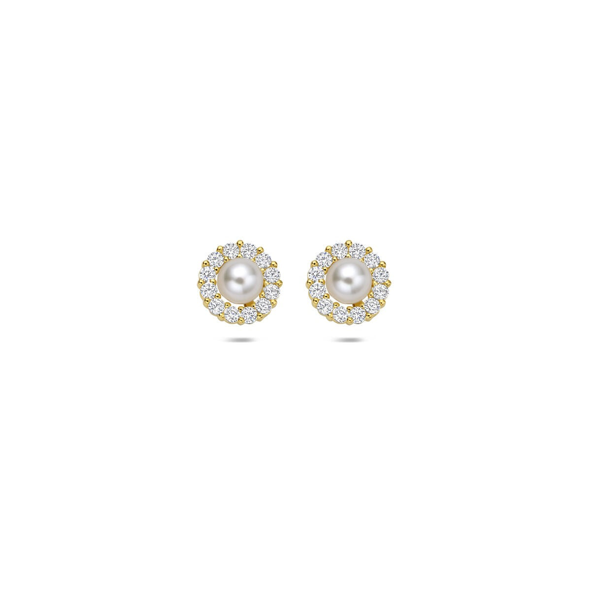 Pendientes de oro de 14k con perla de agua dulce y circonitas brillantes.