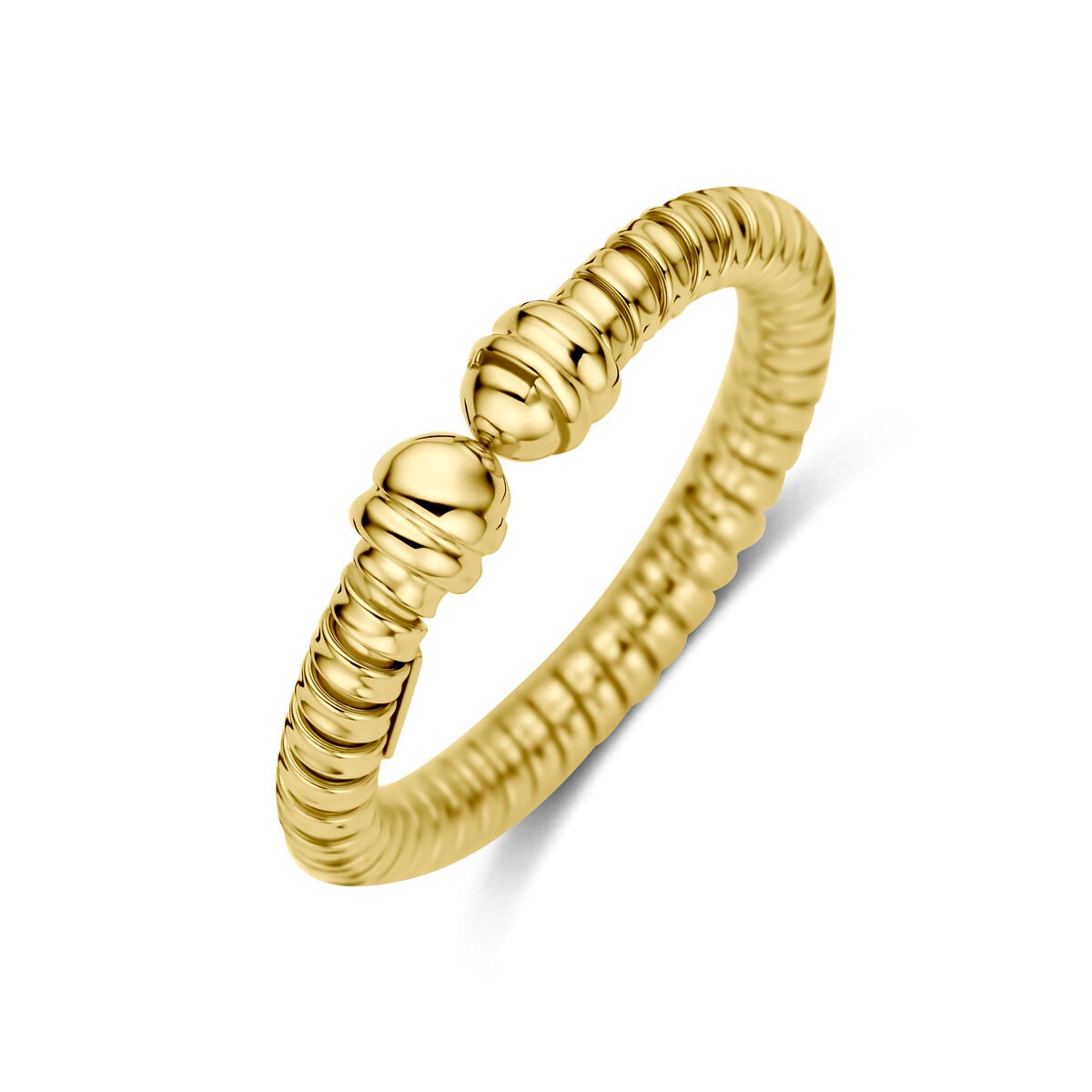 Anillo de oro amarillo de 14k, de 3 mm, con diseño texturizado y detalles redondeados.