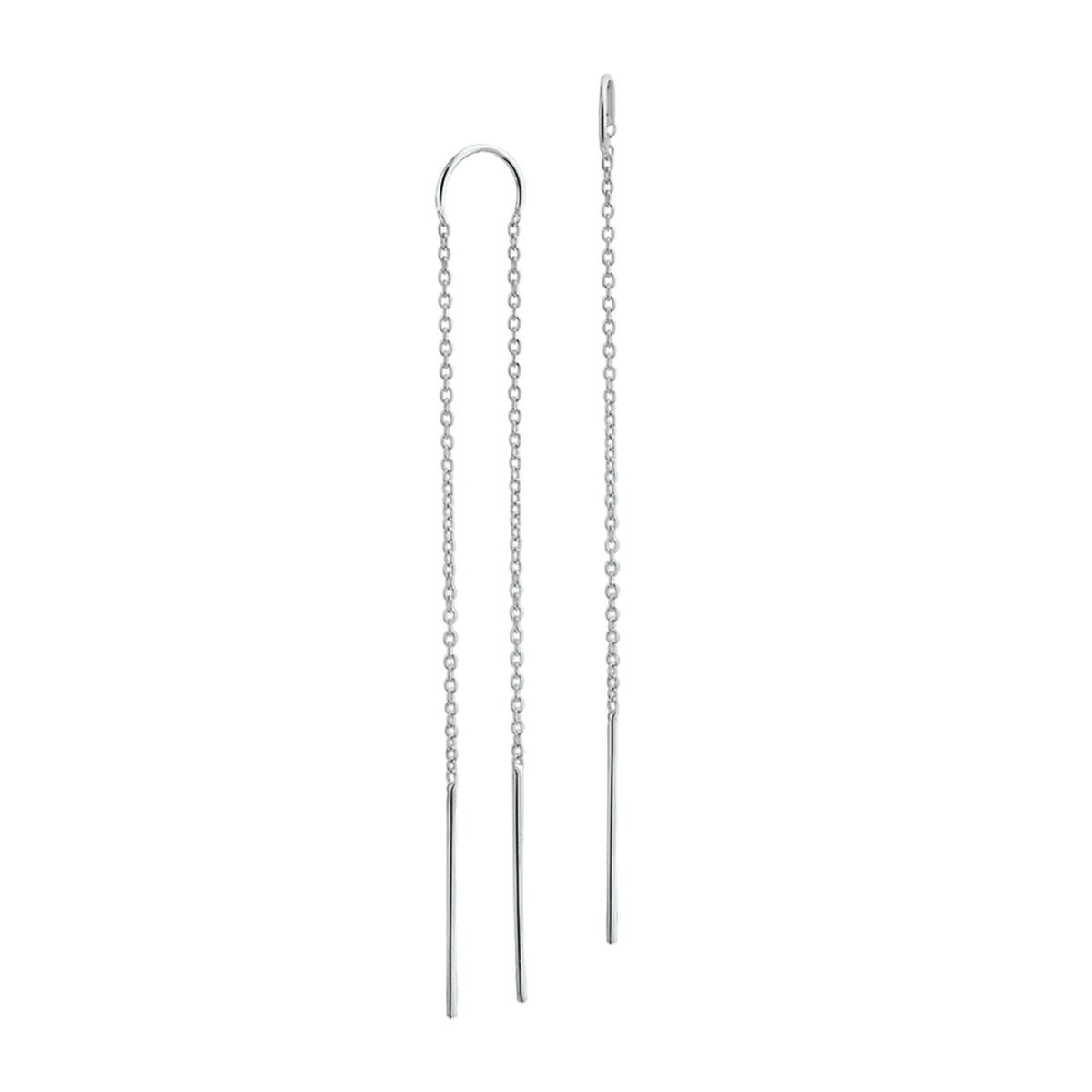 Pendientes largos de plata, con diseño de barra y acabado rodiado.