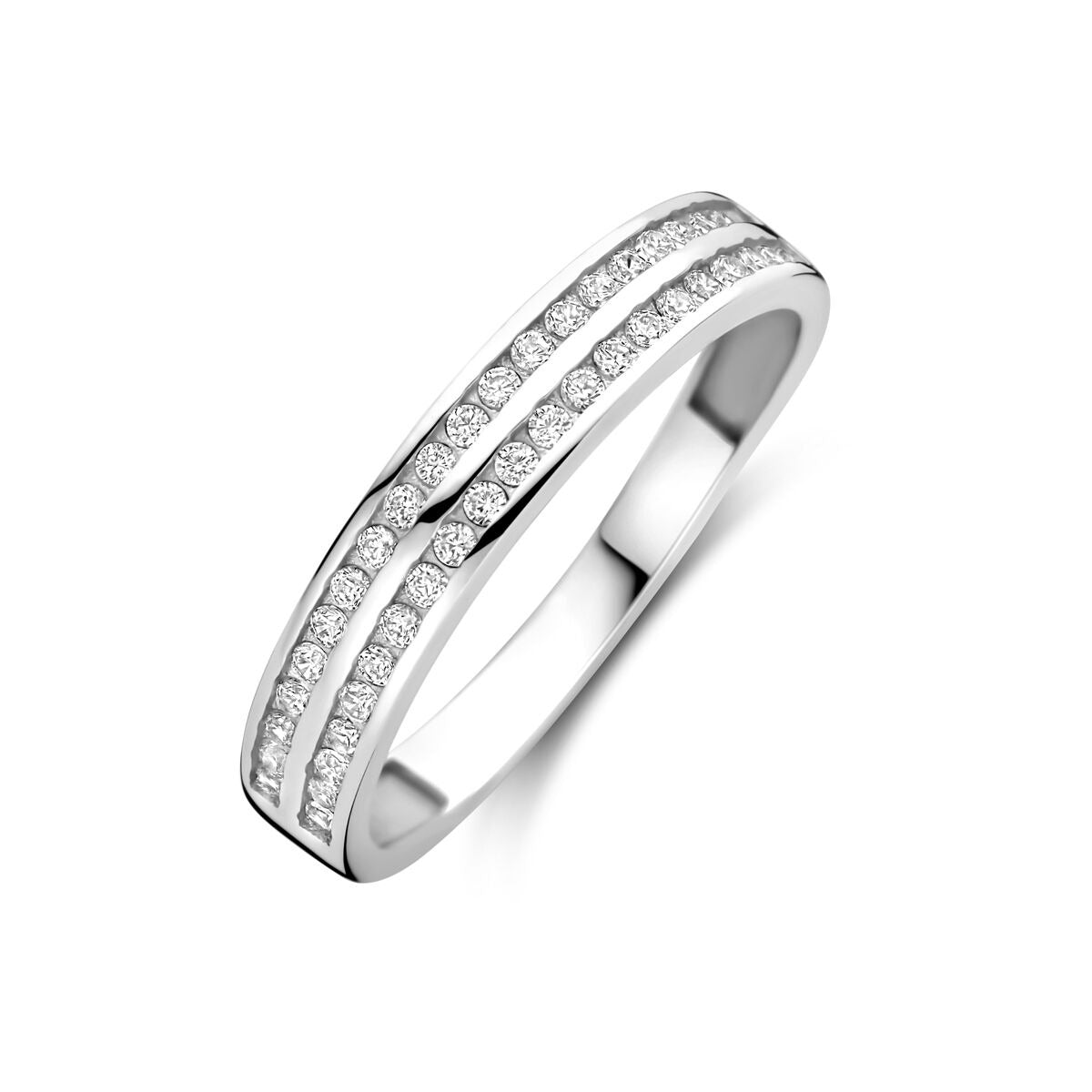 Zilveren ring van gerhodineerd 925 zilver, 3,5 mm breed, met twee rijen zirkonia-steentjes.