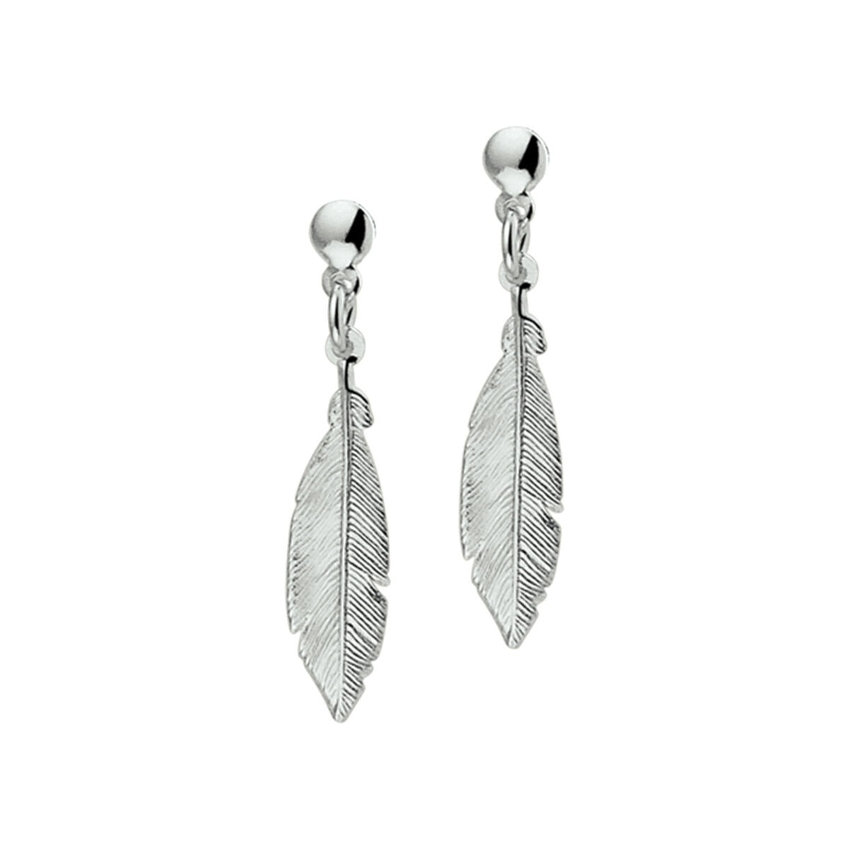 Pendientes largos de plata con forma de pluma, acabados en rodio.