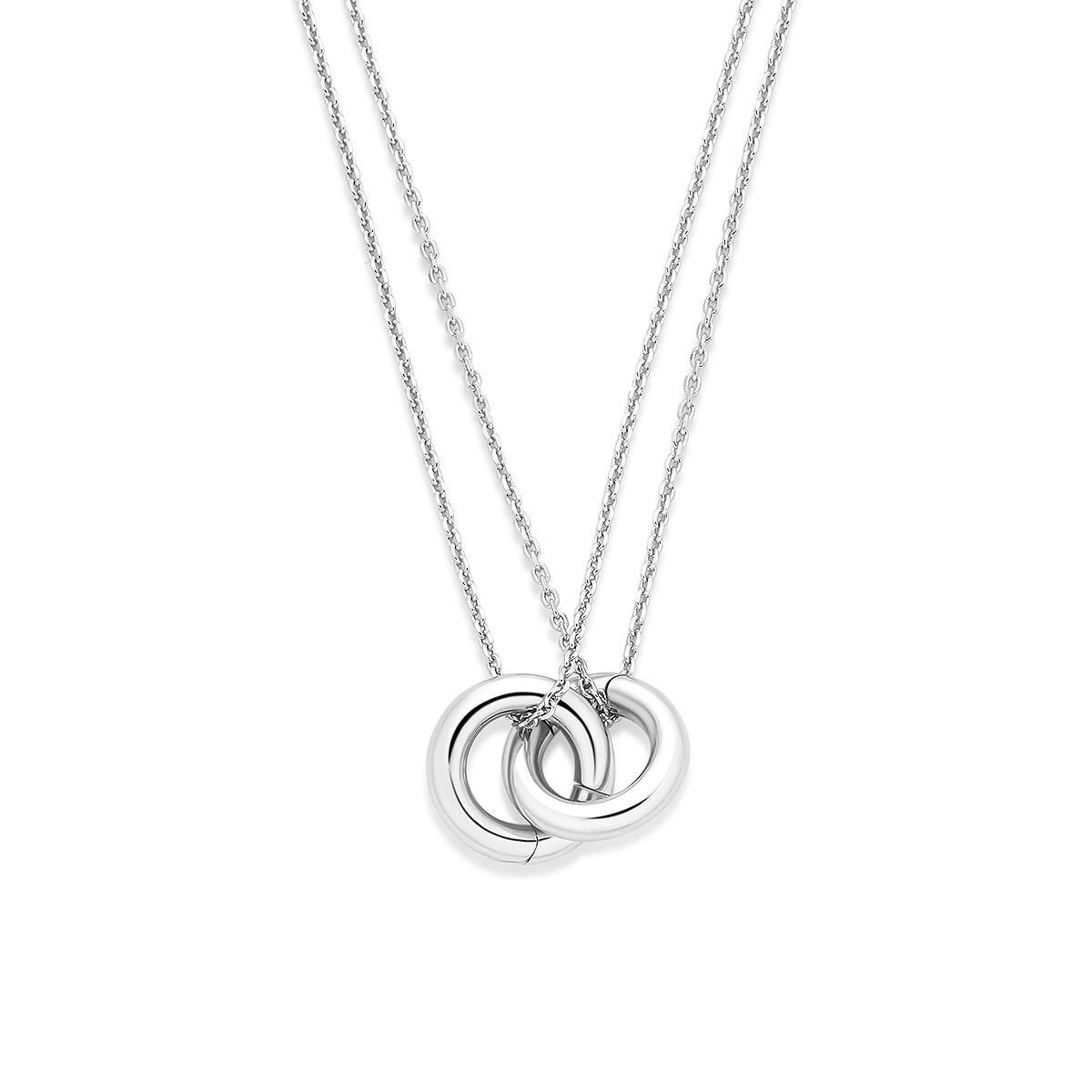 Collares de plata 925 con acabado en rodio, formados por dos cadenas y conectores entrelazados.
