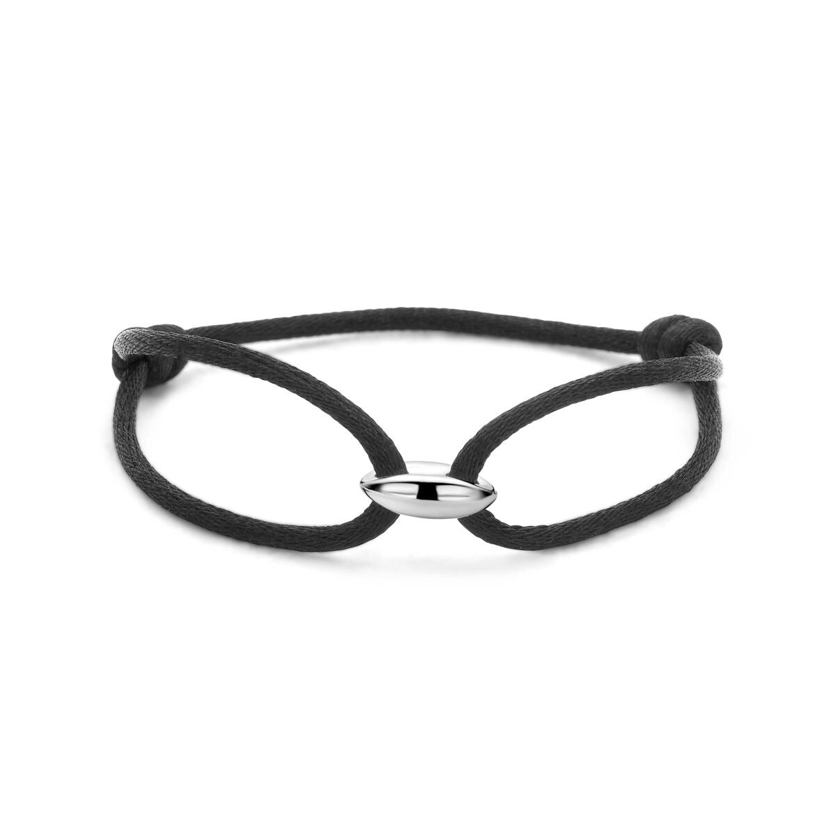 Pulsera de satén negro con una bola de café plateada.