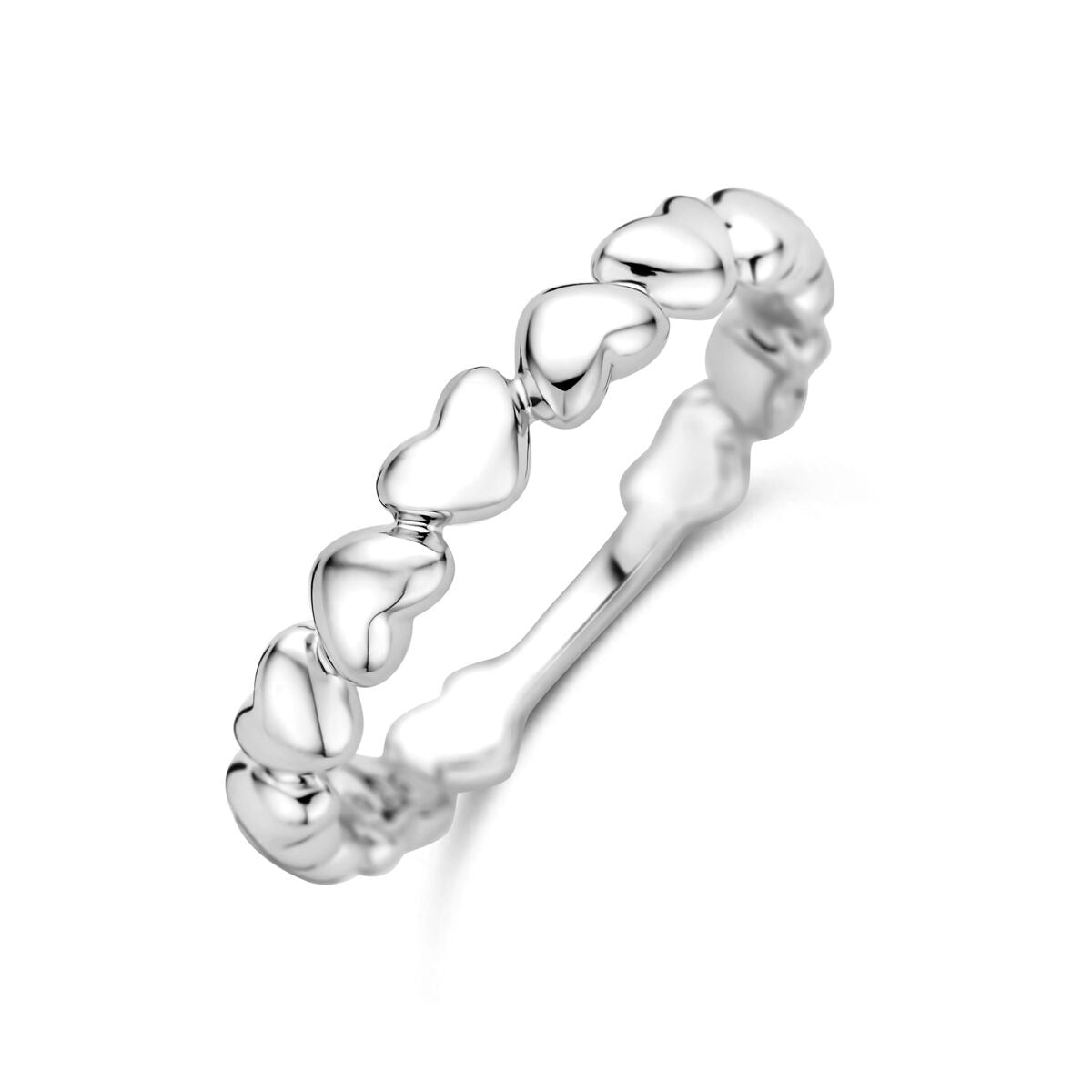 Anillo de plata 925 rodiada con forma de corazones entrelazados.