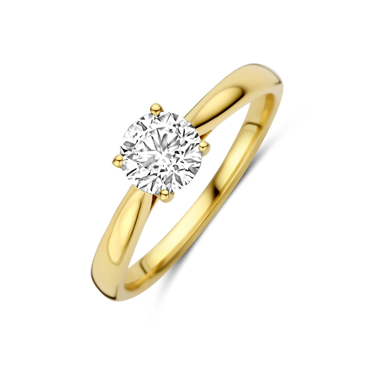 Anillo de oro amarillo de 14k con diamante lab-grown de 0.75 ct, con un diseño clásico y brillante.
