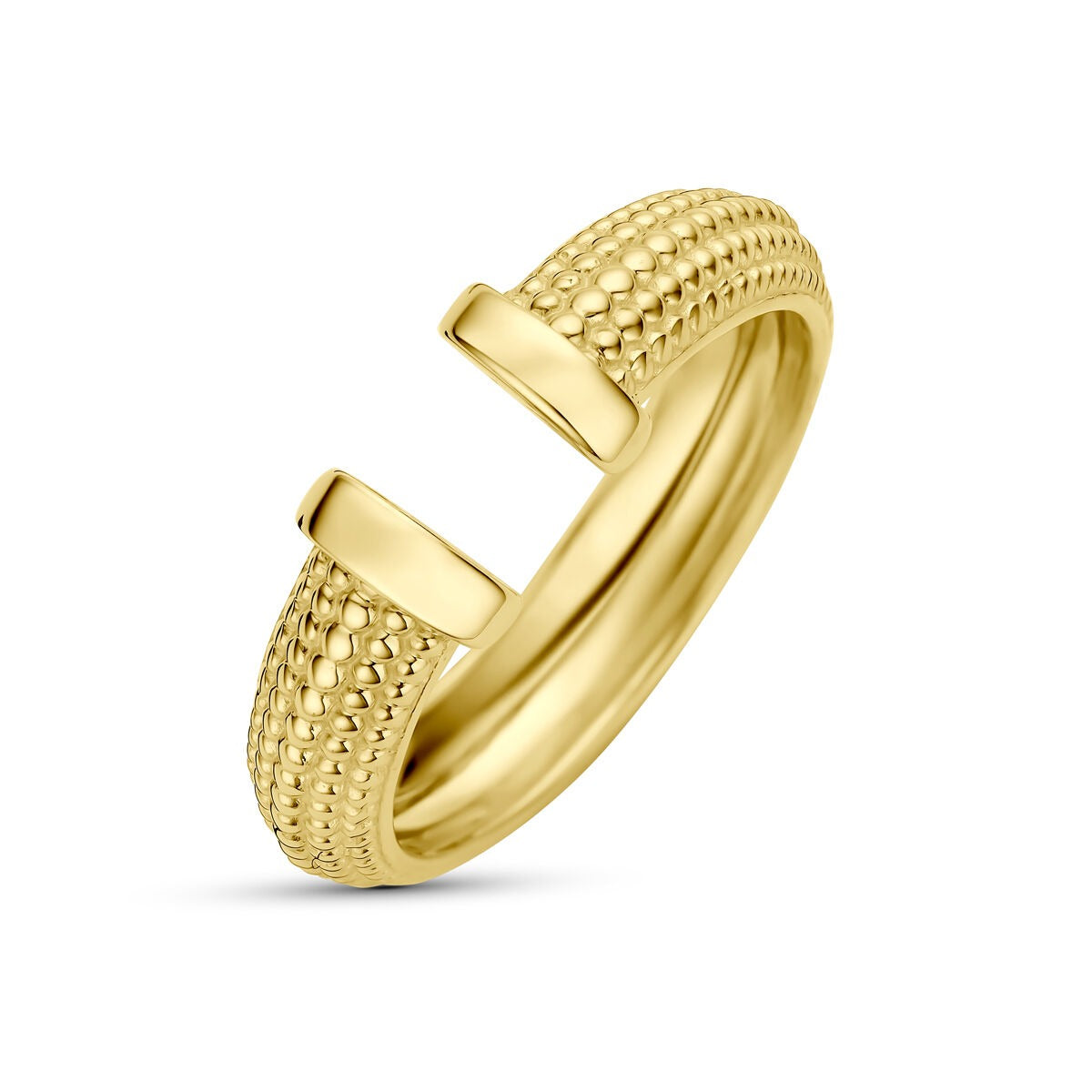 Anillo de dama en oro amarillo de 14k con diseño texturizado y acabado brillante.