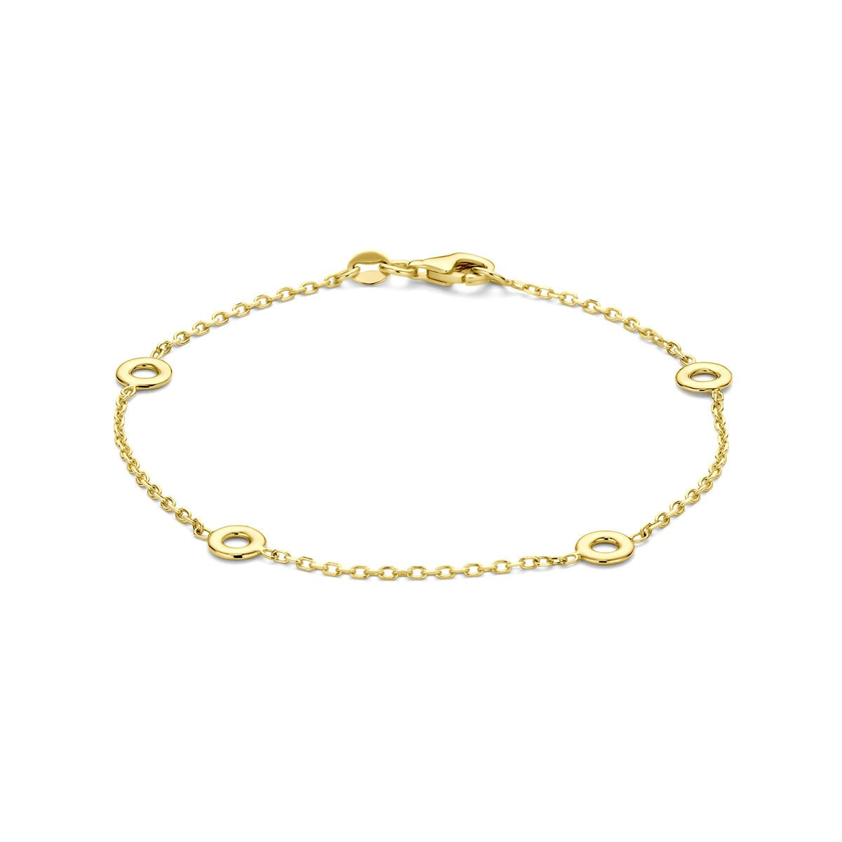 Pulsera de dama de oro amarillo de 14k con finos eslabones y detalles circulares.