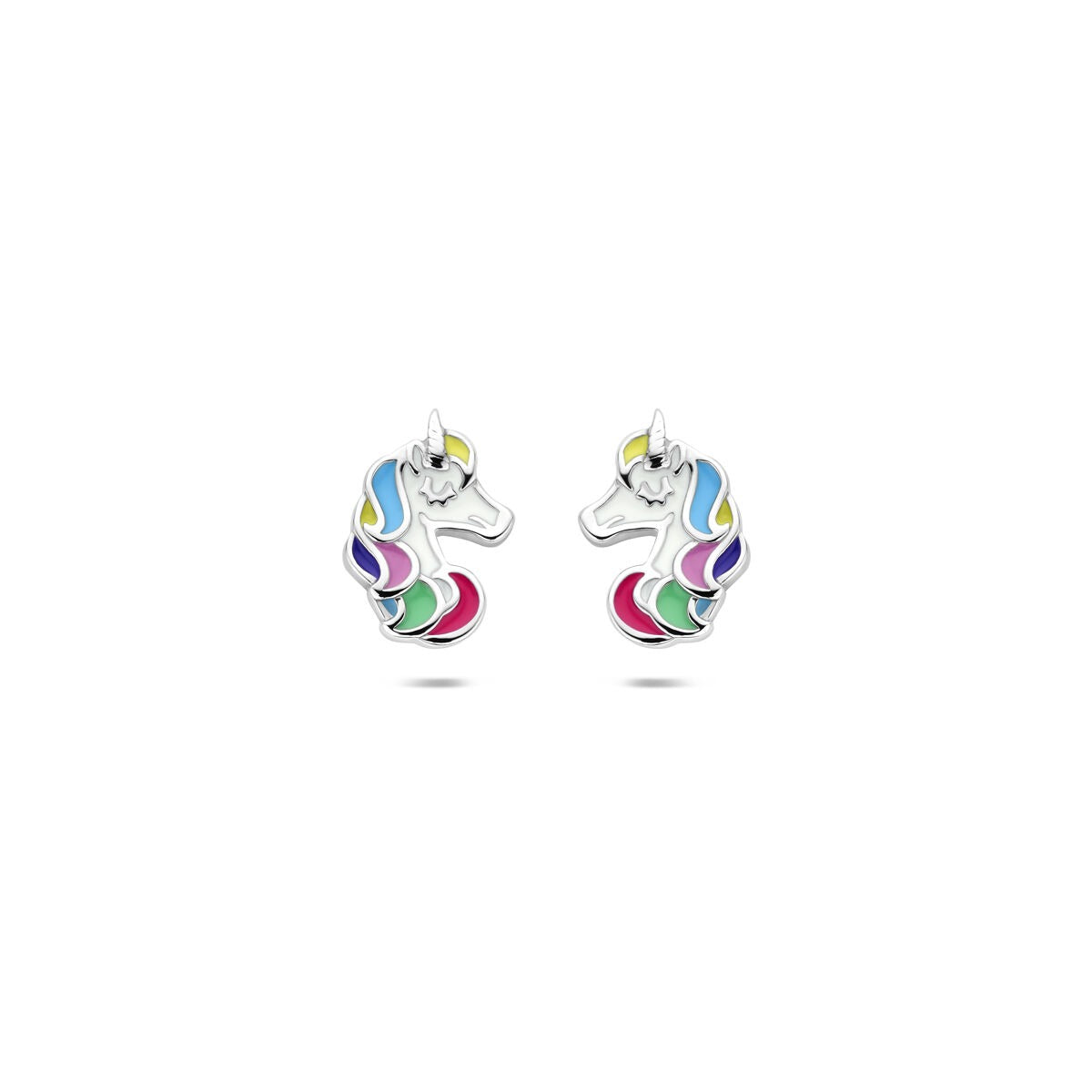 Pendientes de una cabeza de unicornio en plata, rodiados con esmalte de colores.