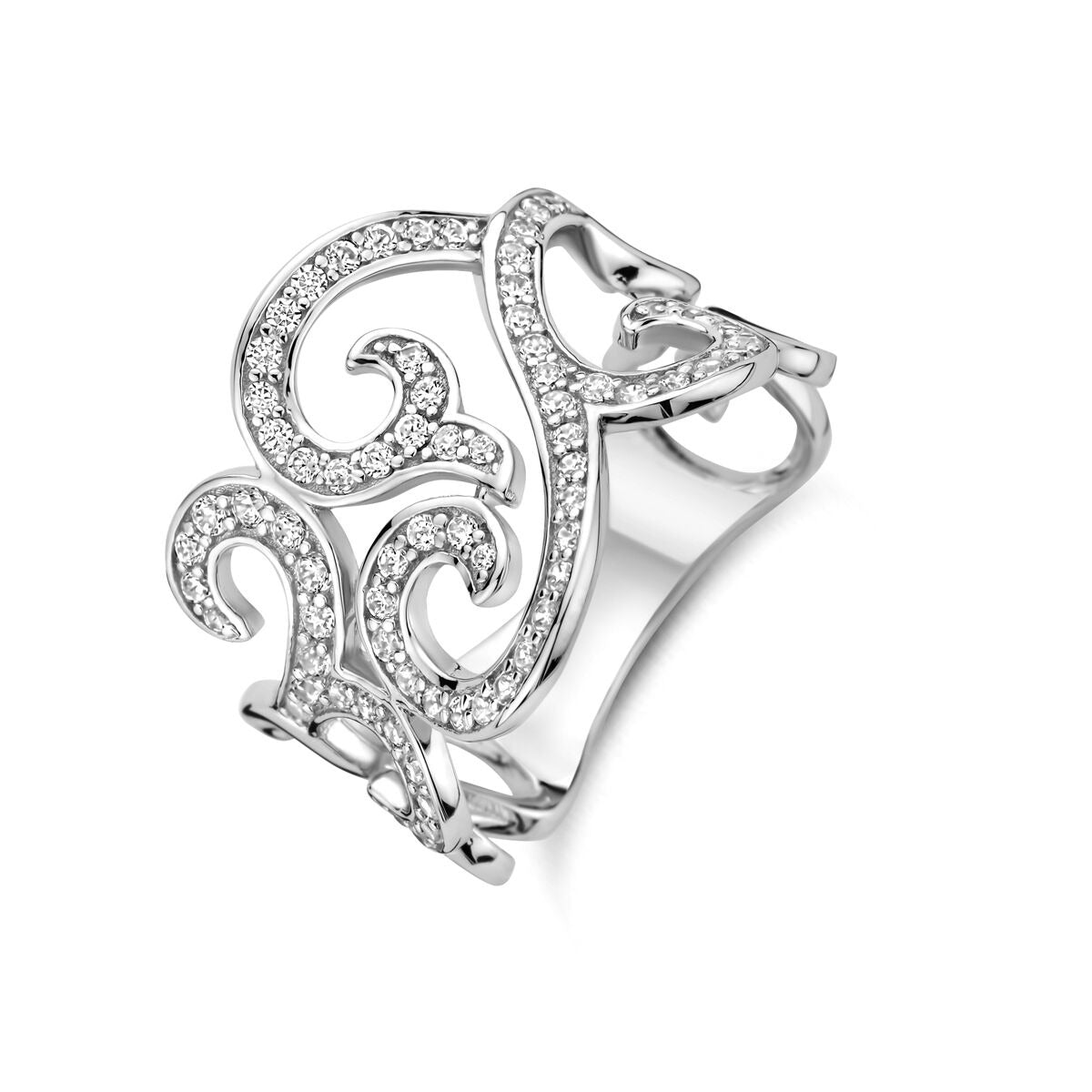 Anillo de plata rodiada con diseño en espiral y circonitas brillantes.
