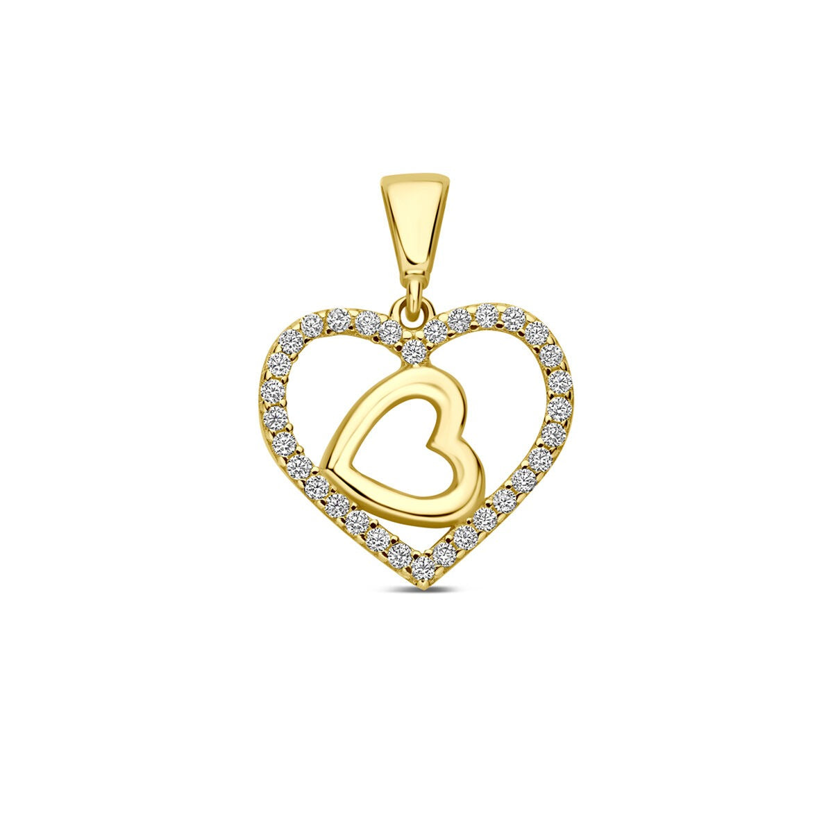 Colgante de corazón doble en oro amarillo de 9k con circonitas brillantes.