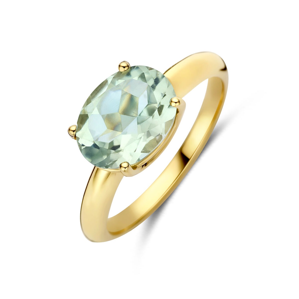 Anillo de oro amarillo de 14k con amatista verde ovalada.