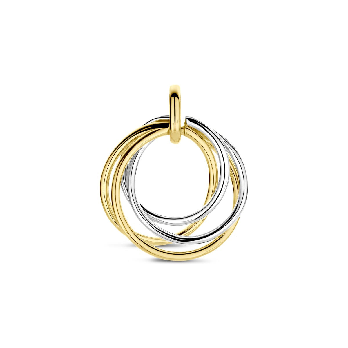 Colgante bicolor de 14k en oro amarillo y blanco, con forma de anillos entrelazados de 21 mm.