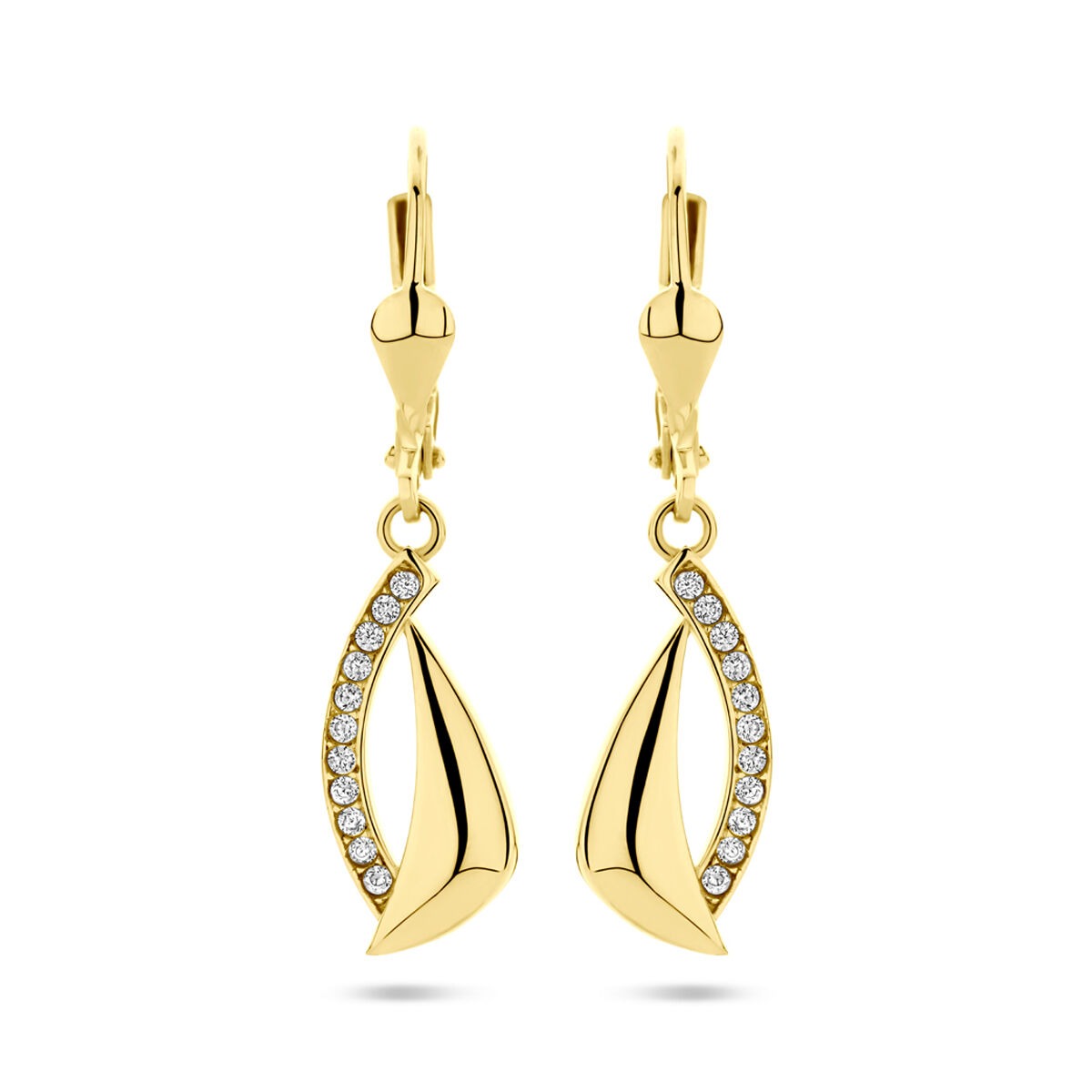Pendientes largos de oro amarillo de 14k con zircón, en forma de vela con detalles brillantes.