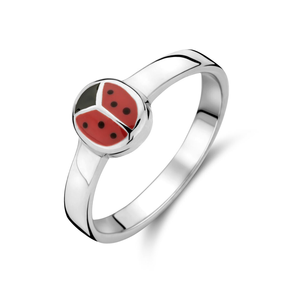 Anillo de plata rodiada para niños con un diseño de mariquita roja y negra.