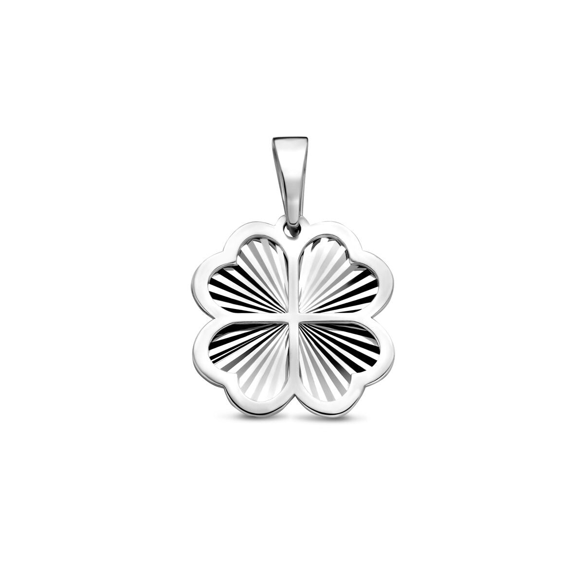 Colgante de flor en plata de ley 925, con acabado rodiado y detalles en relieve.