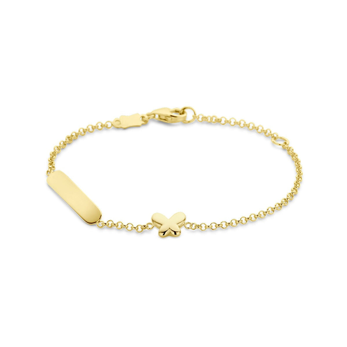 Pulsera de oro amarillo de 9k con placa para grabar y charm de mariposa.