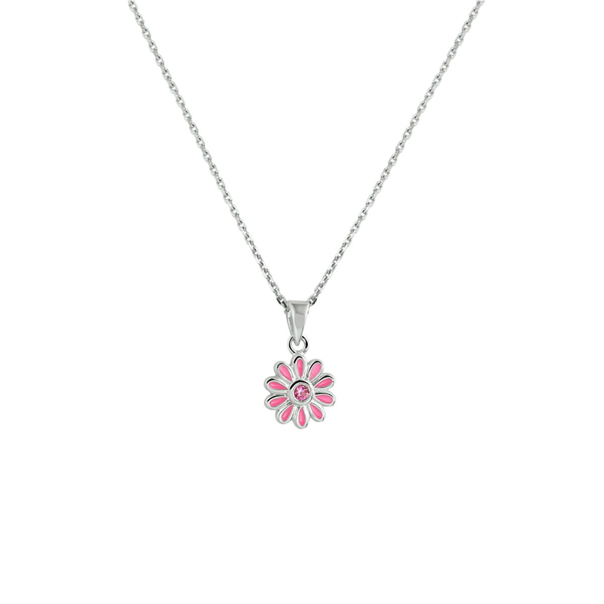 Collar infantil de plata con colgante de flor y circonita rosa en plata 925 rodiada.