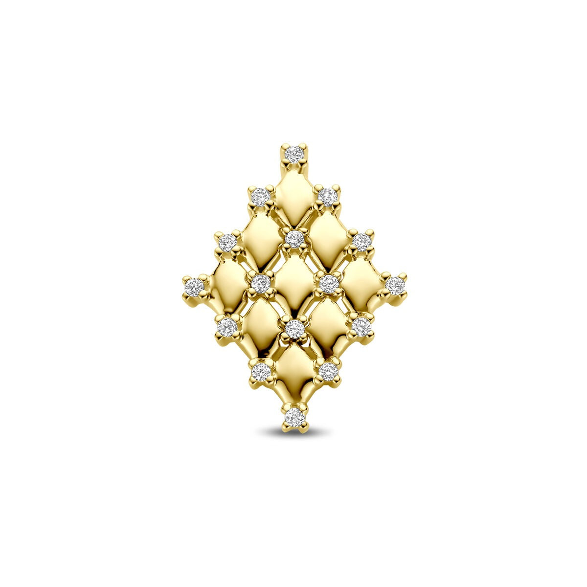 Colgante de dama en oro amarillo de 14k con diseño en forma de rombo y diamantes brillantes.