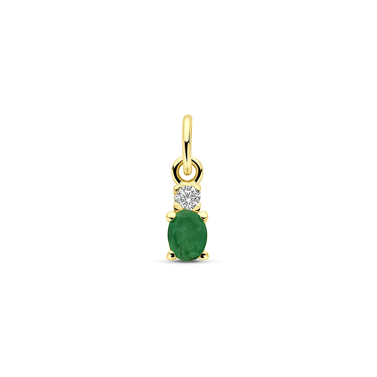 Colgante de oro amarillo de 14k con una esmeralda ovalada y un circonio, mide 12 mm.