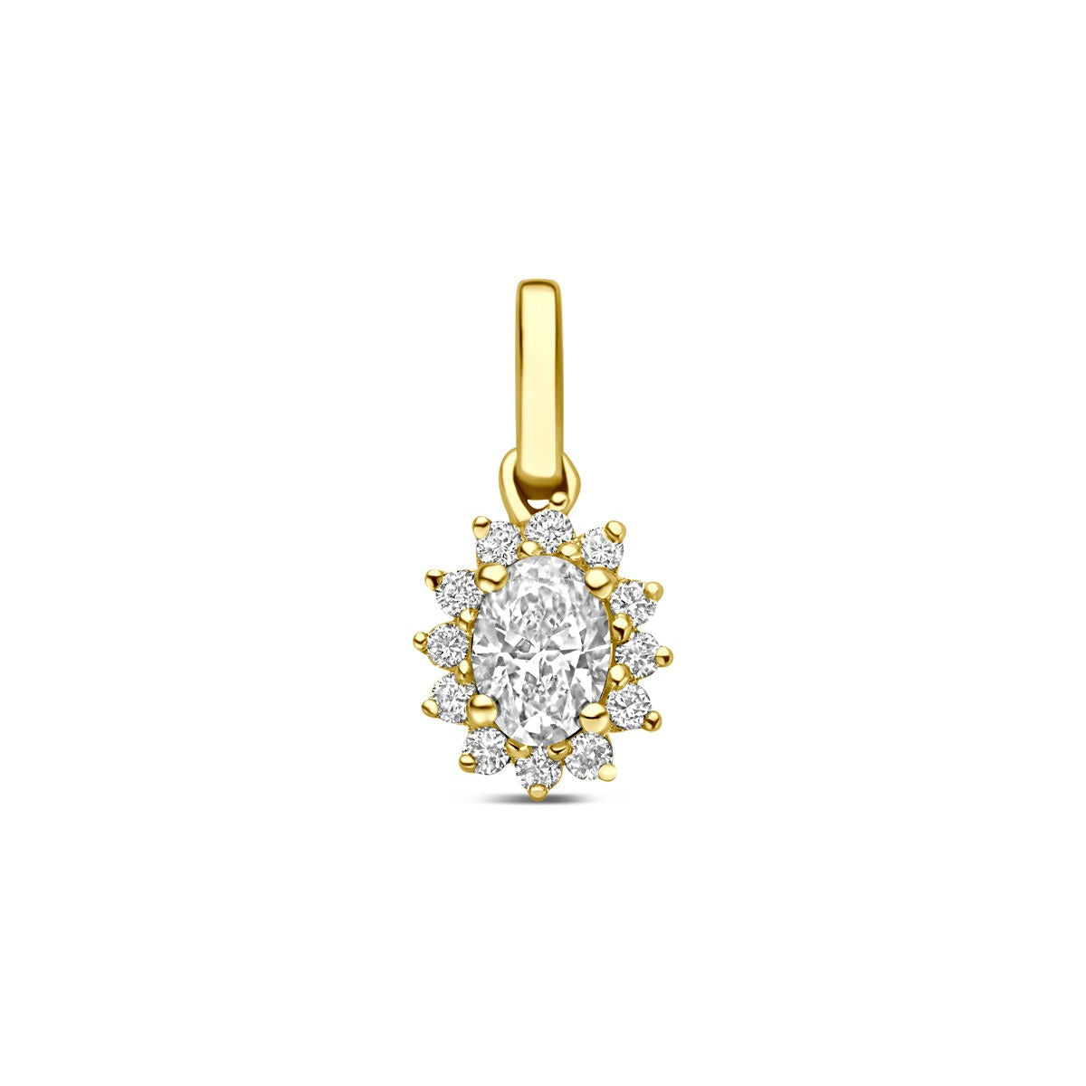 Colgante de oro amarillo de 14k con diamante cultivado en laboratorio de 0,21 ct, con forma ovalada y detalles brillantes.