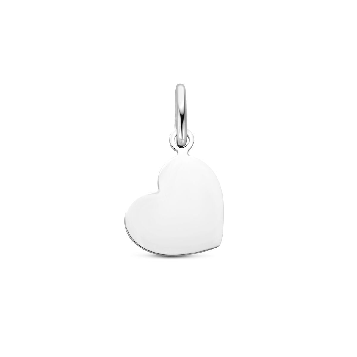 Colgante en forma de corazón de 10,5 mm, plata rodiada, superficie lisa y brillante.