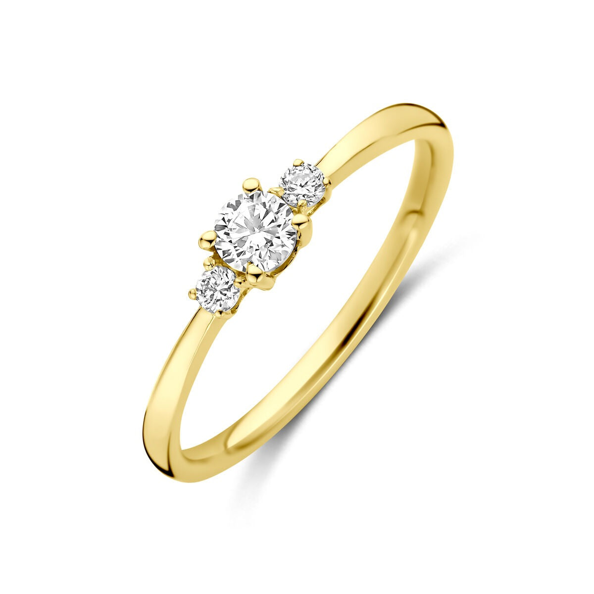 Anillo de oro amarillo de 14k con un diamante lab-grown de 0.25ct y dos diamantes laterales.