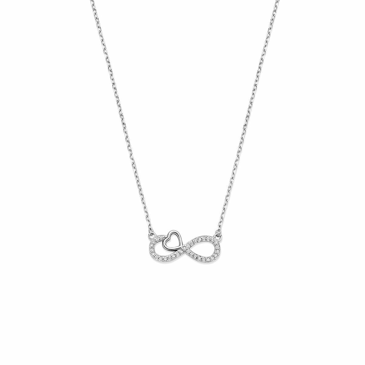 Collar de plata rodiada 925 con símbolo de infinito y corazón, adornado con circonitas.