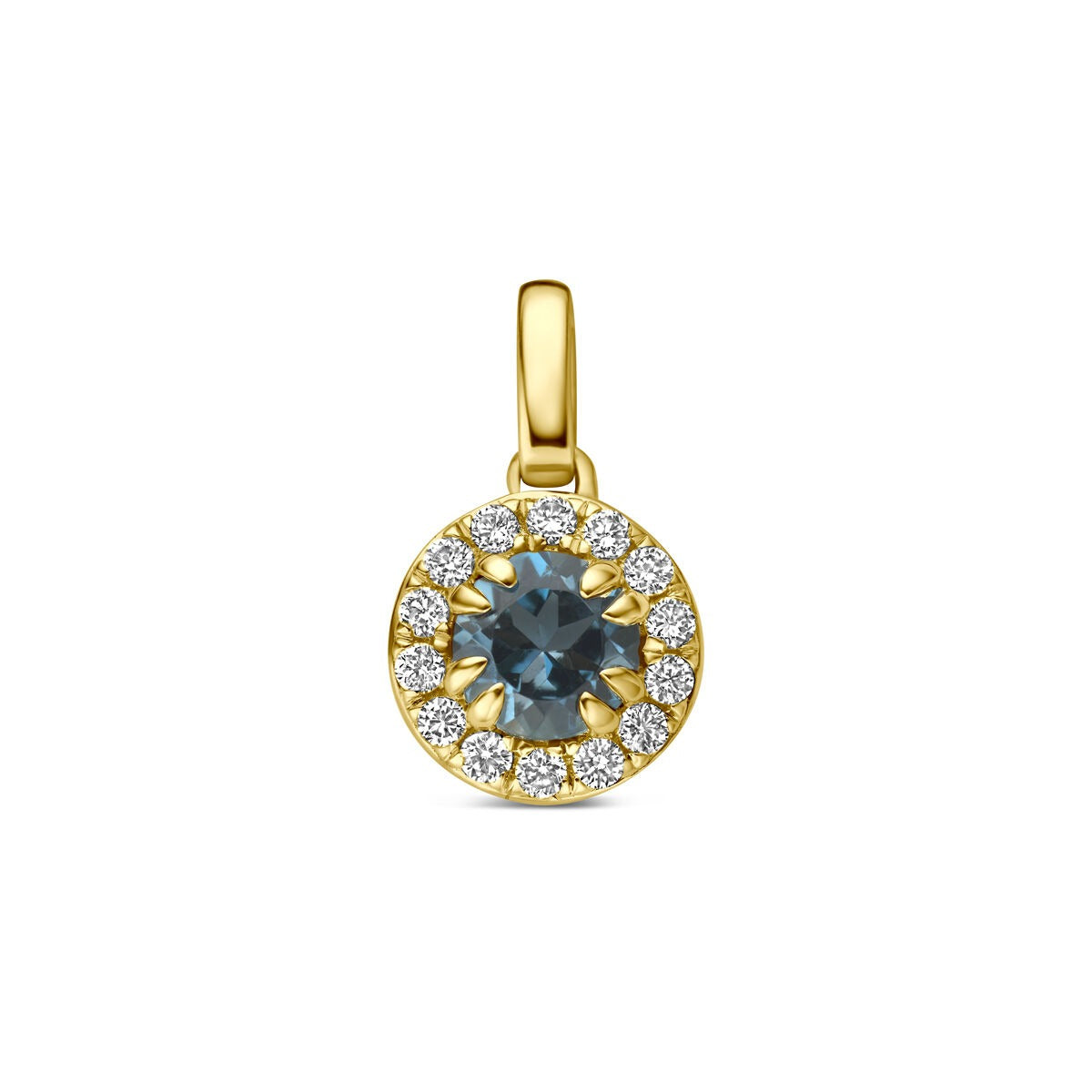 Colgante de oro amarillo de 14k con topacio azul de Londres y diamantes cultivados en laboratorio.