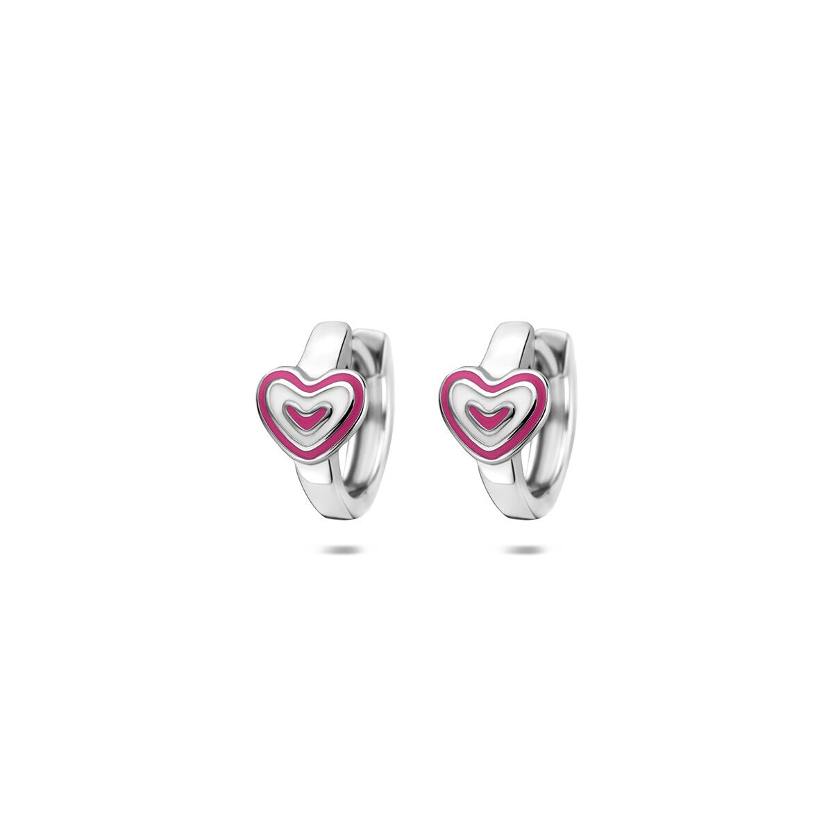 Pendientes de aro de plata 925 con corazón de esmalte en tonos rosa y blanco.