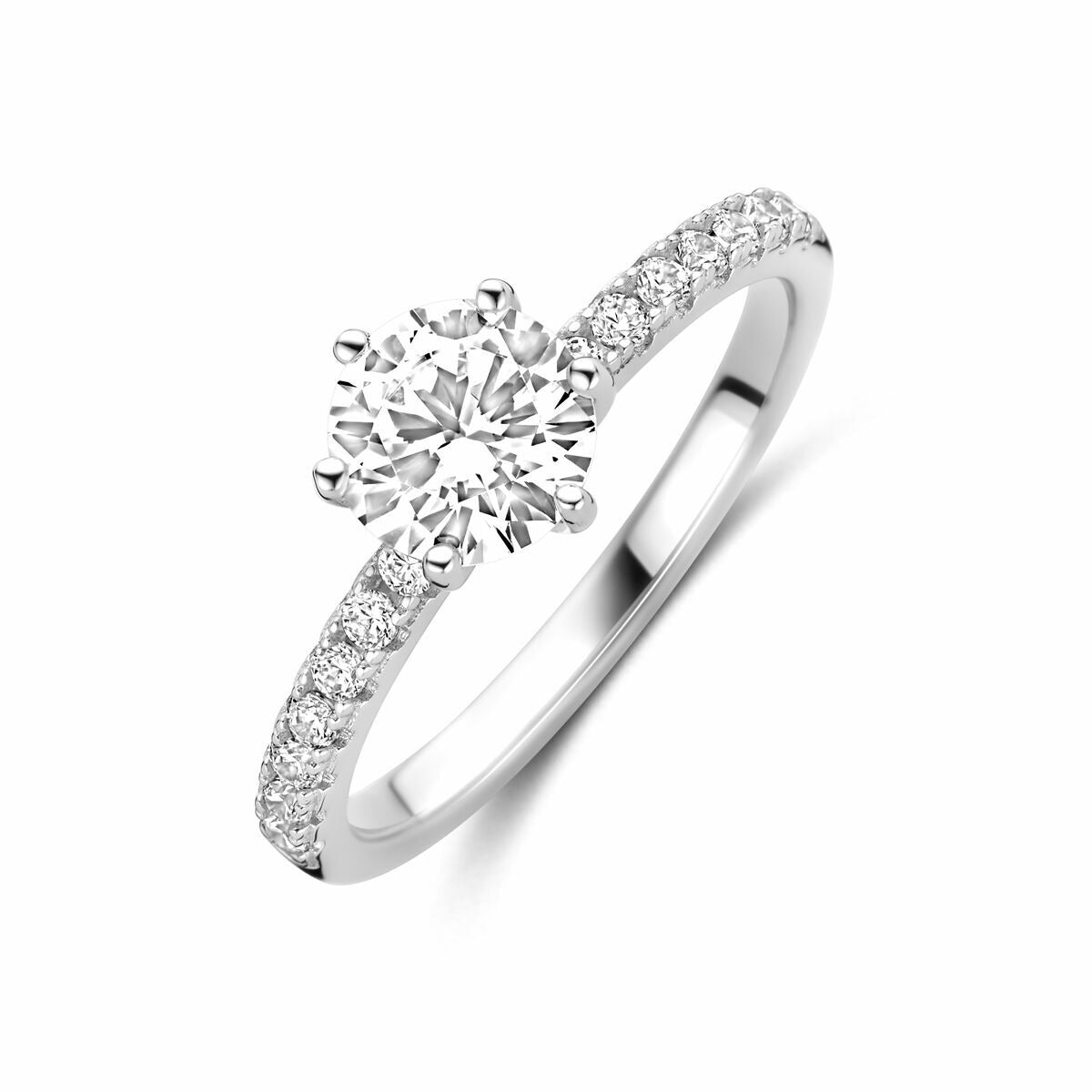 Anillo de plata rodiada de dama con circonitas, diseño con piedra central y pavé.