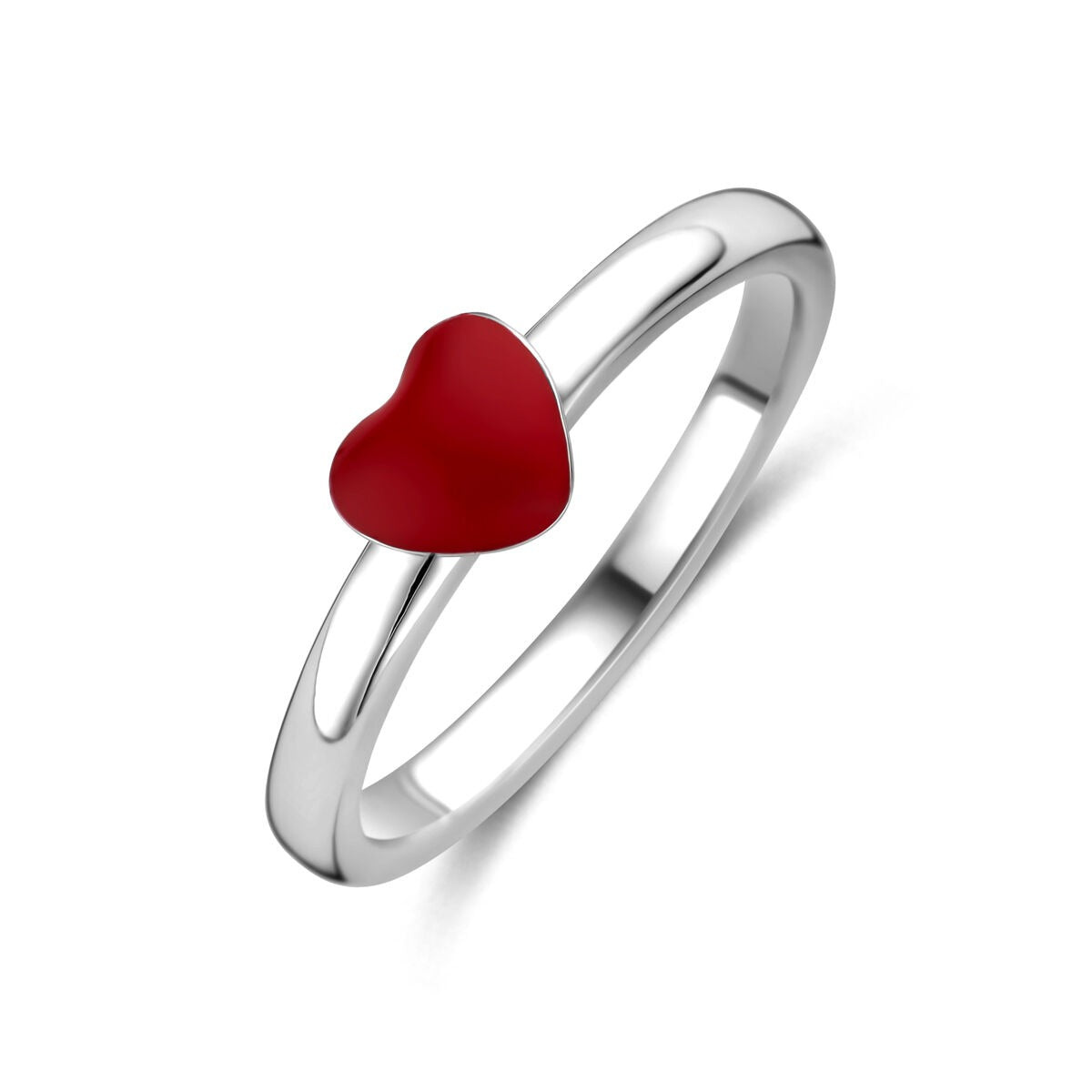 Anillo infantil de plata con un corazón rojo, acabado en rodio.