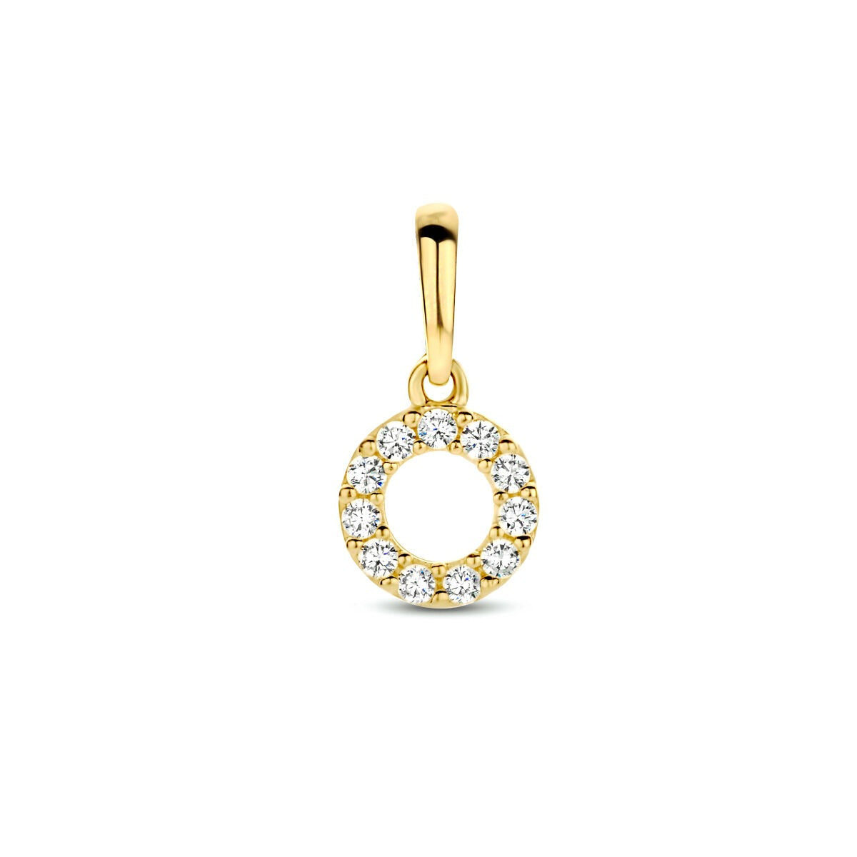 Colgante dorado de 14k con fila de zirconias brillantes en forma de círculo.
