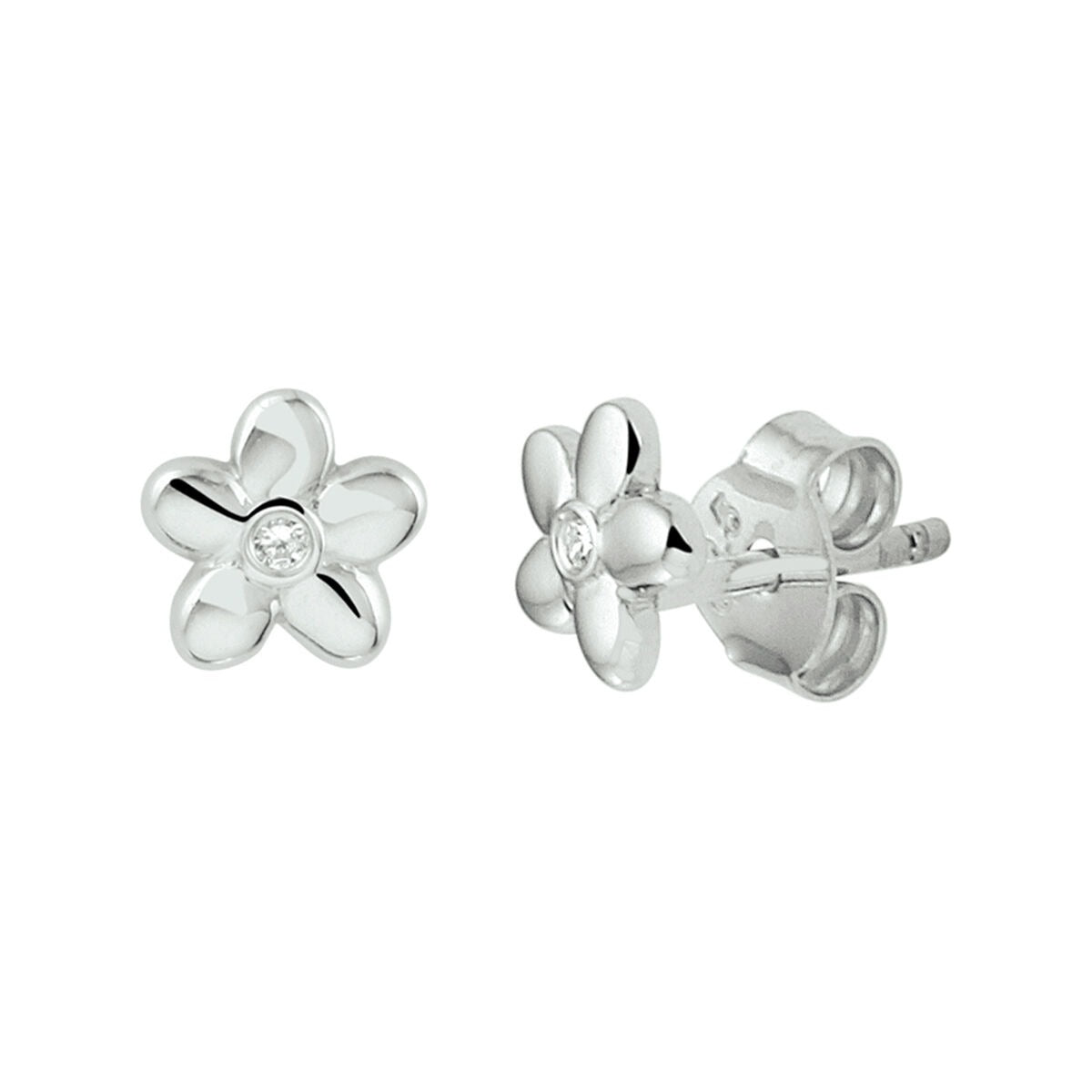 Pendientes de flor plateados con circonita transparente, acabado en rodio.