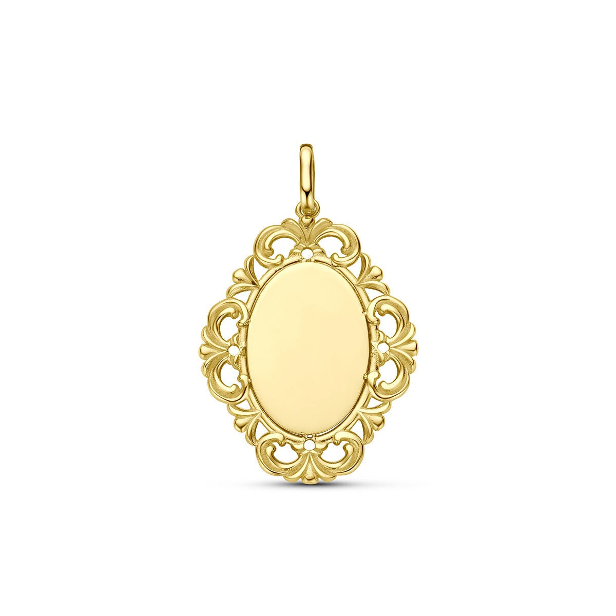Colgante de oro amarillo de 9 quilates con diseño ornamentado y superficie lisa para grabar.