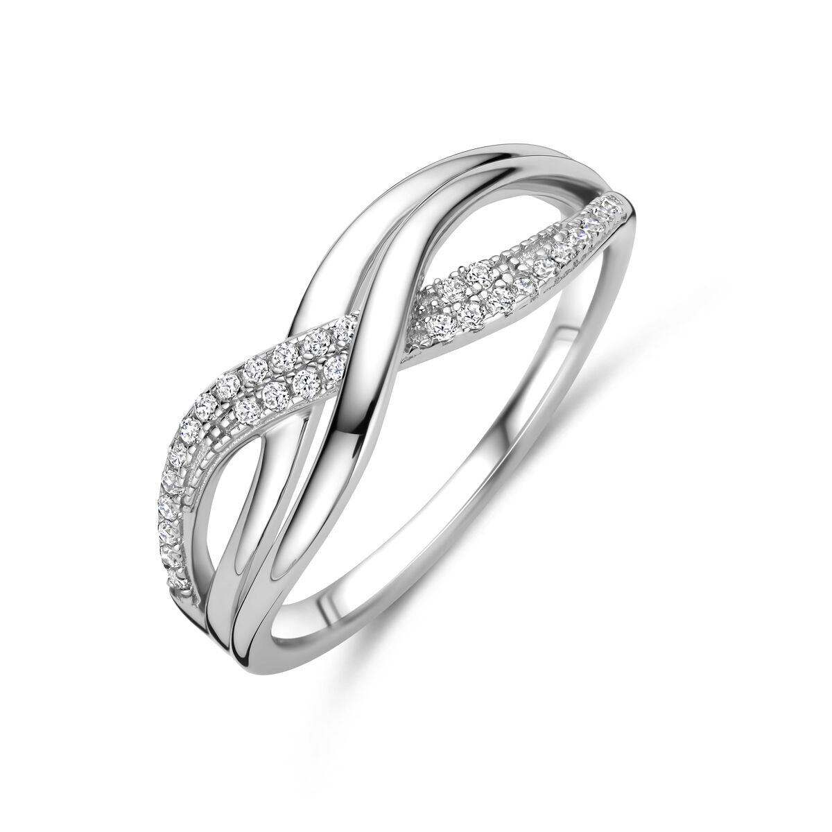 Anillo de plata rodiada para dama, de 7 mm de ancho, con zircón en diseño entrelazado.