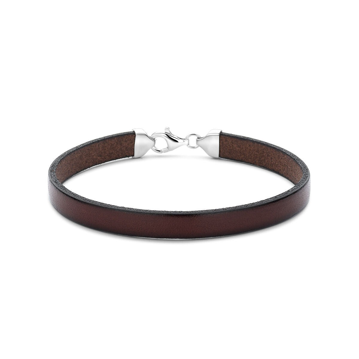 Pulsera de cuero marrón para hombre con cierre plateado.