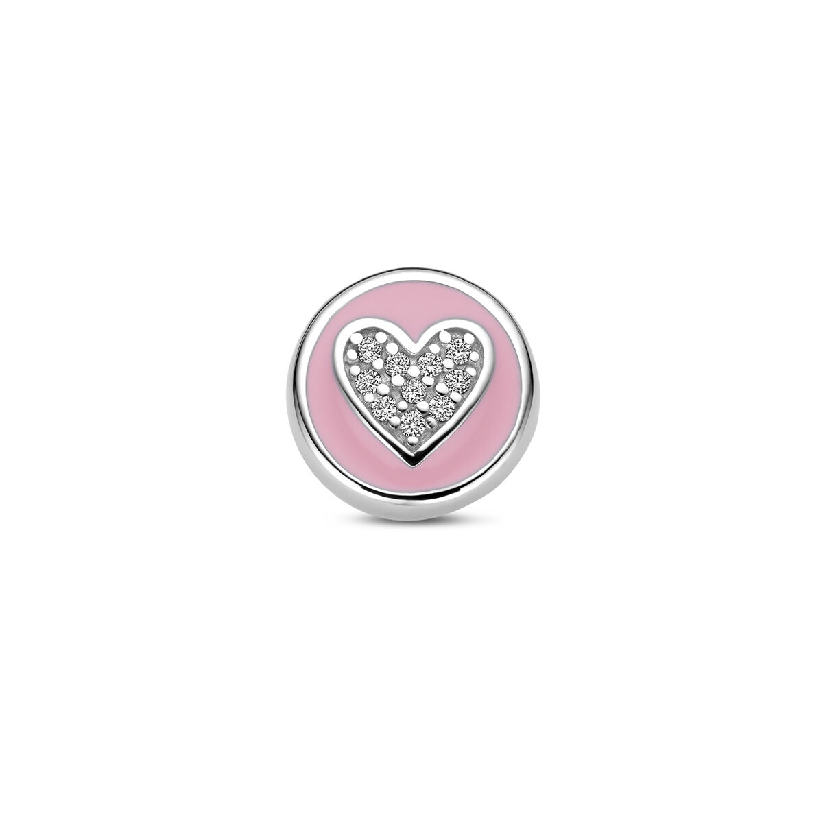 Colgante infantil plateado con esmalte rosa y corazón de circonitas.