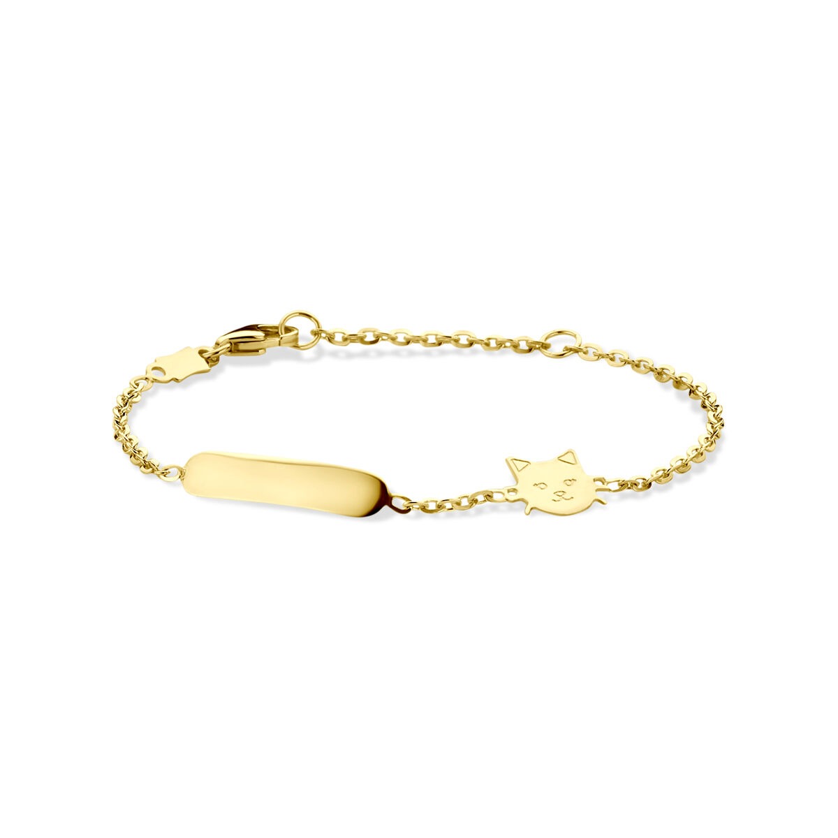 Pulsera de oro amarillo de 14k con un colgante de gato y una placa para grabar, de 11 a 13 cm.