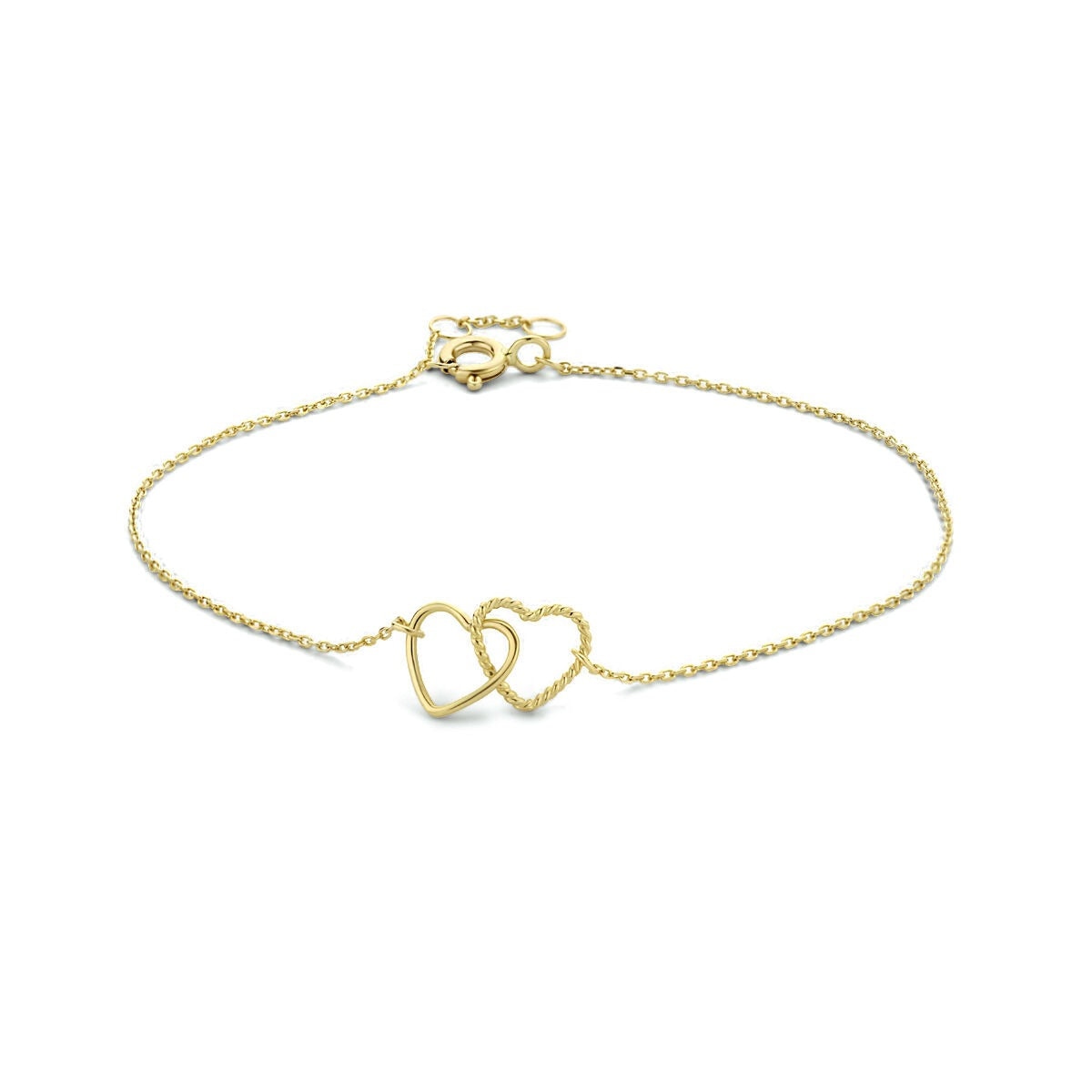 Pulsera de oro amarillo de 9 quilates con dos corazones entrelazados.